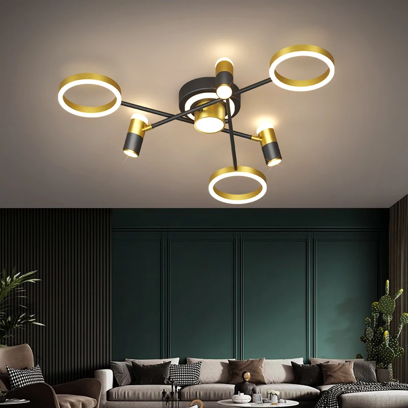 Modern Led Chandelier Lamp For Living Dining Room Bedroom Black Golden Round Ring Branch Ceiling Pendant Light With Spotlight