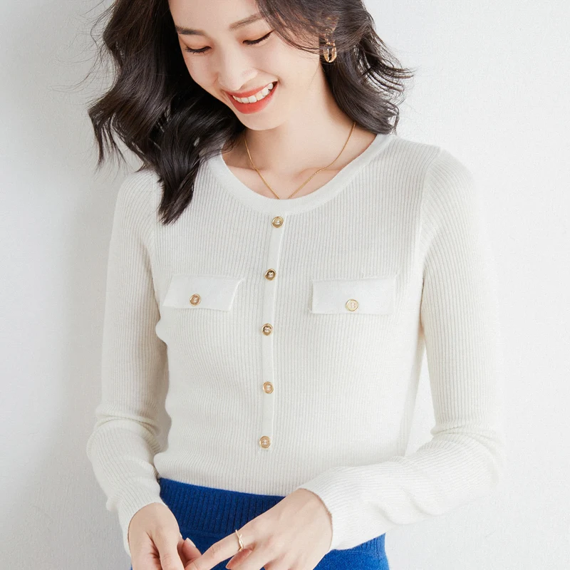 

Fashion Small Fragrant Style Superfine Wool Sweater Women's Round Neck Pit Pattern Knitted Long Sleeve Fake Pocket Autumn Winter