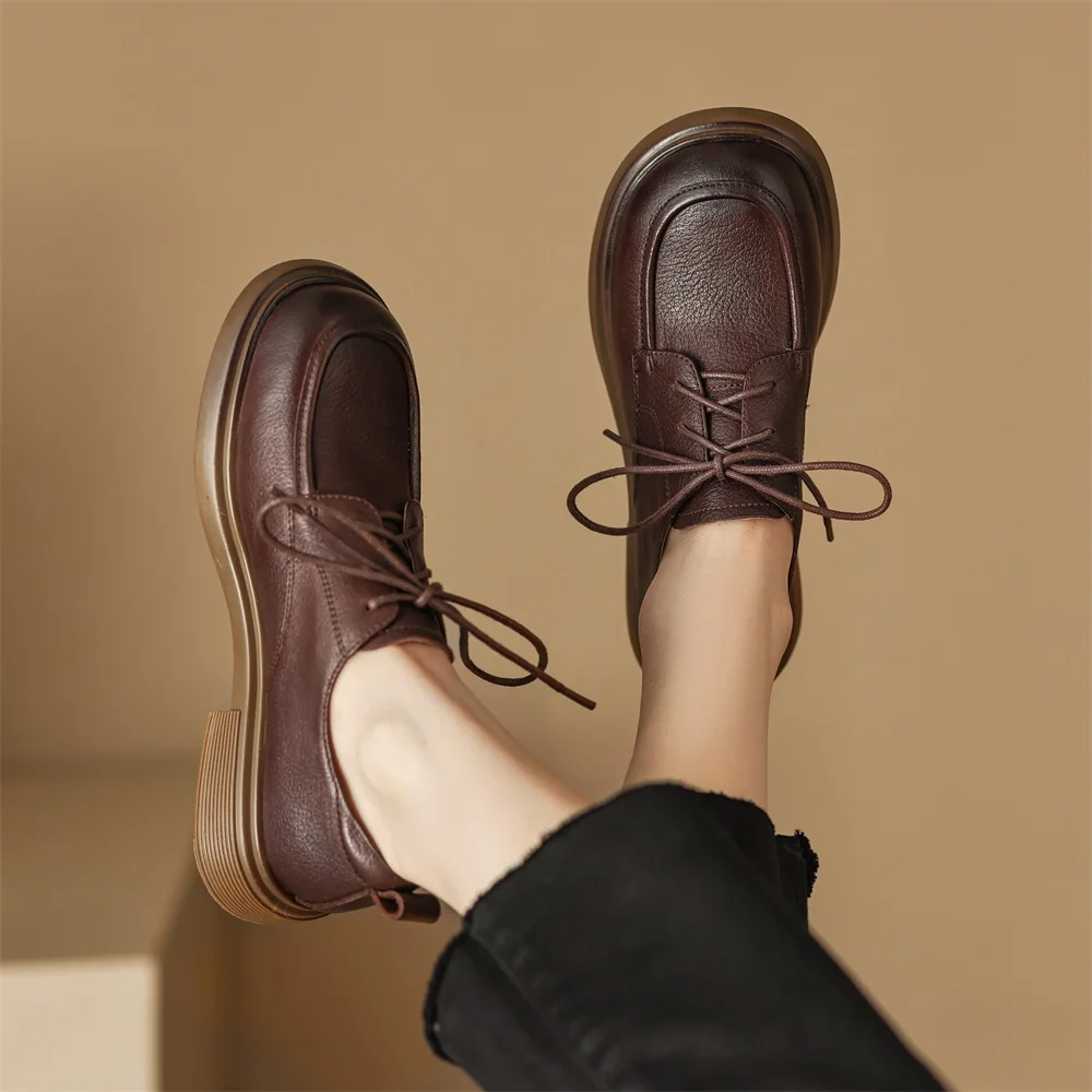 Kanseet Real Leather Shoes For Women 2023 Spring New Round Toe Lace-Up Causal Loafers Handmade Flats Lady Footwear Size 40 Brown