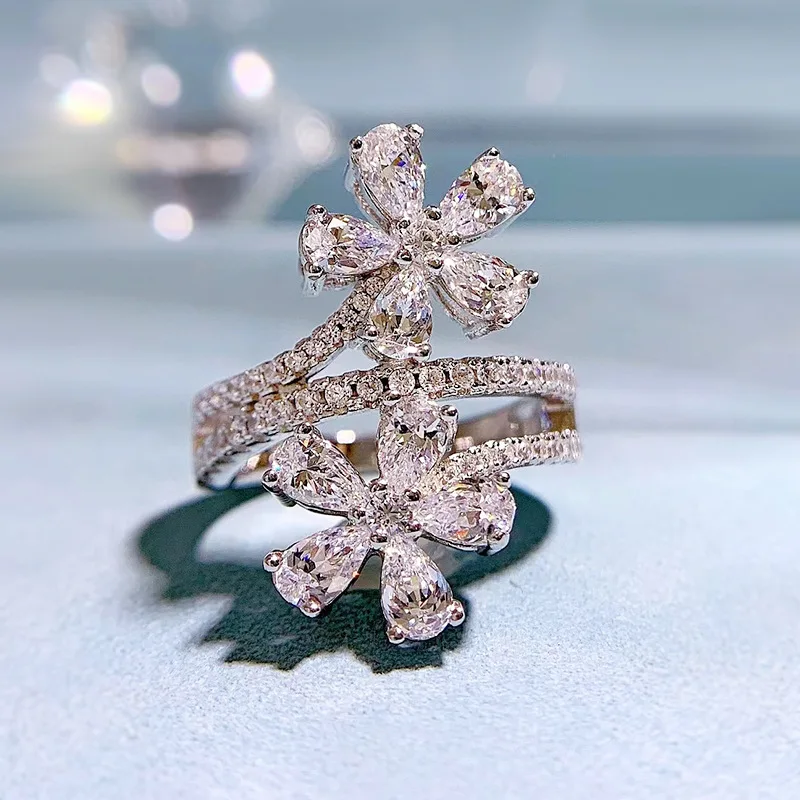 

925 Sterling Silver High Carbon Lab Diamond Exquisite Flower Rings for Women Sparkling Gemstone Wedding Ring Fine Jewelry