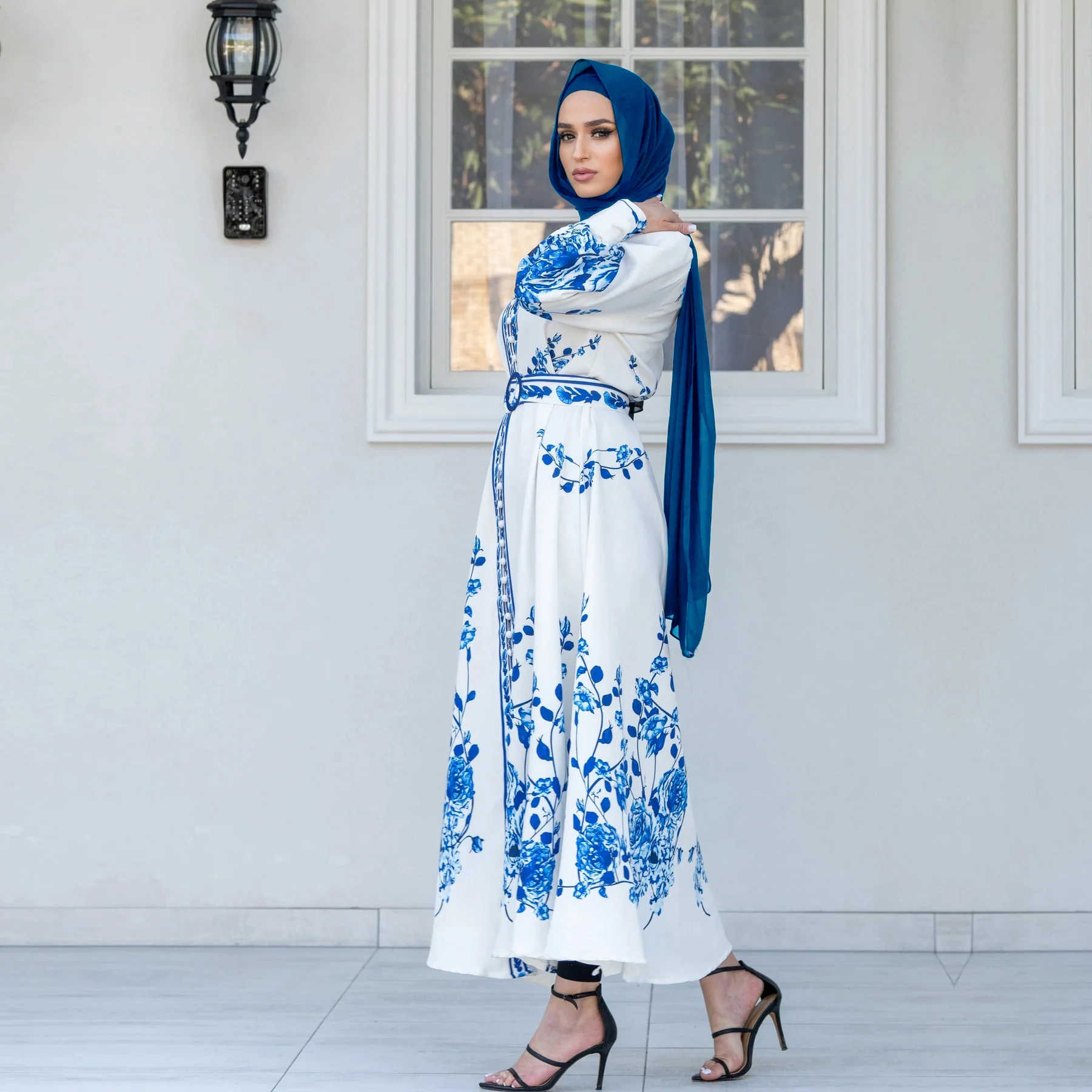 Turkish Abaya For Women Tasbih Musulman Long Sleeve Stand Collar Printed Large Swing Dress Islam Moroccan Caftan Woman Clothing