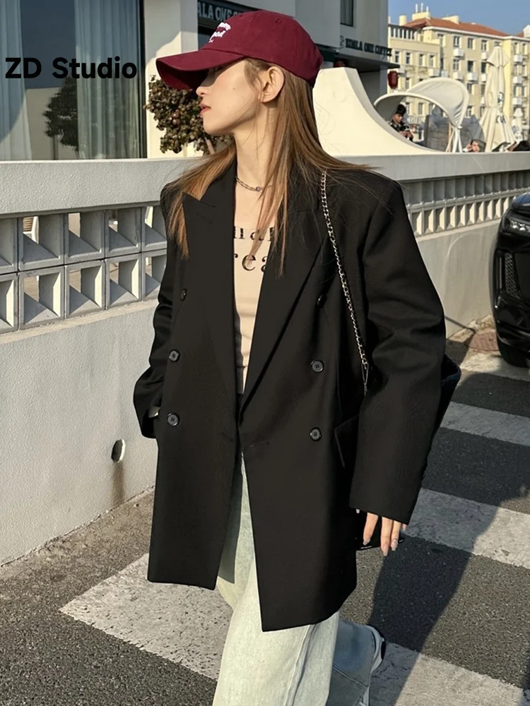 

[ZD Studio] Women Black Double Breasted Casual Size Blazer New Lapel Long Sleeve Jacket Fashion Tide Spring Autumn 2023 1DF6189