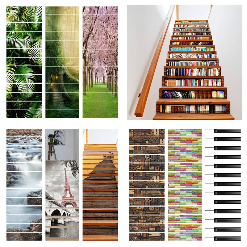 

Library Modern 3D Stair Sticker Vinilo Suelo Waterproof Self-adhesive Piano Wallpaper For Staircase Wooden Stairway Wall Decals