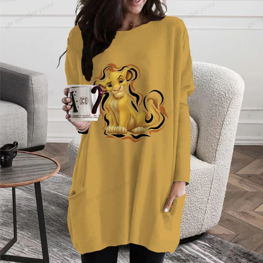 

Длинная футболка с принтом Disney, Осеннее женское свободное платье с карманами, женская футболка с длинным рукавом и мультяшным принтом