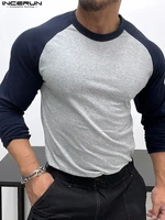 icnerun tops 2022 american style new mens raglan sleeve camiseta color fashion casual male long sleeved fitness t shirts s 5xl