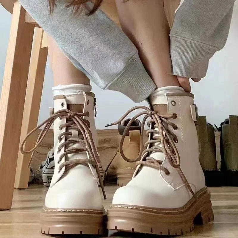QWEEK Women's Khaki 2022 New Autumn British Short Ankle Boots Platform Rubber Chelsea Shoes Korean Fashion Chunky Heels Designer