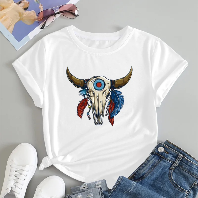 

Biker Sheep Skull Print Harajuku Aesthetic Cartoon Hip Hop Casual Streetwear Clothes Short Sleeve T-Shirt O-Neck Women Ulzzang