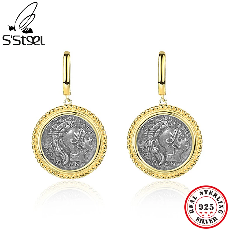 

S'STEEL 925 Sterling Silver Vintage Coin Dangle Earing Designer Gold Unique Dangly Earrings For Women Luxury Western Jewelry