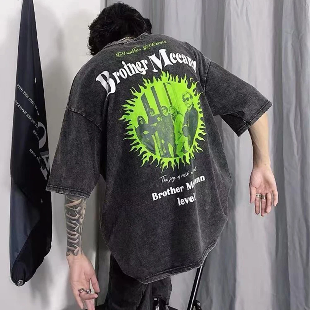 

Летняя футболка оверсайз в американском уличном стиле с принтом в стиле рок, футболка с коротким рукавом и ремешком, Свободный Повседневный Топ с коротким рукавом