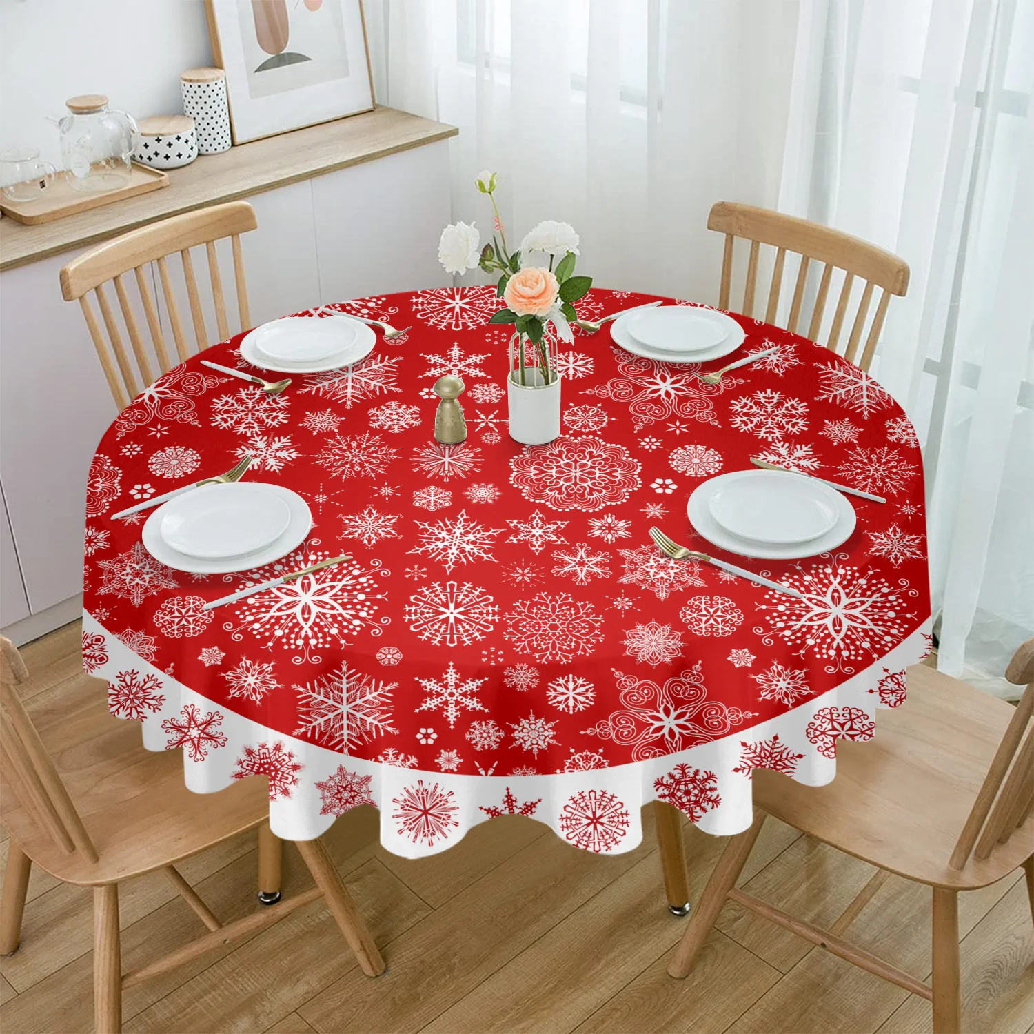 

Red Snowflake Christmas Winter Round Tablecloth Waterproof Wedding Party Table Cover Holiday Dining Table Tablecloth