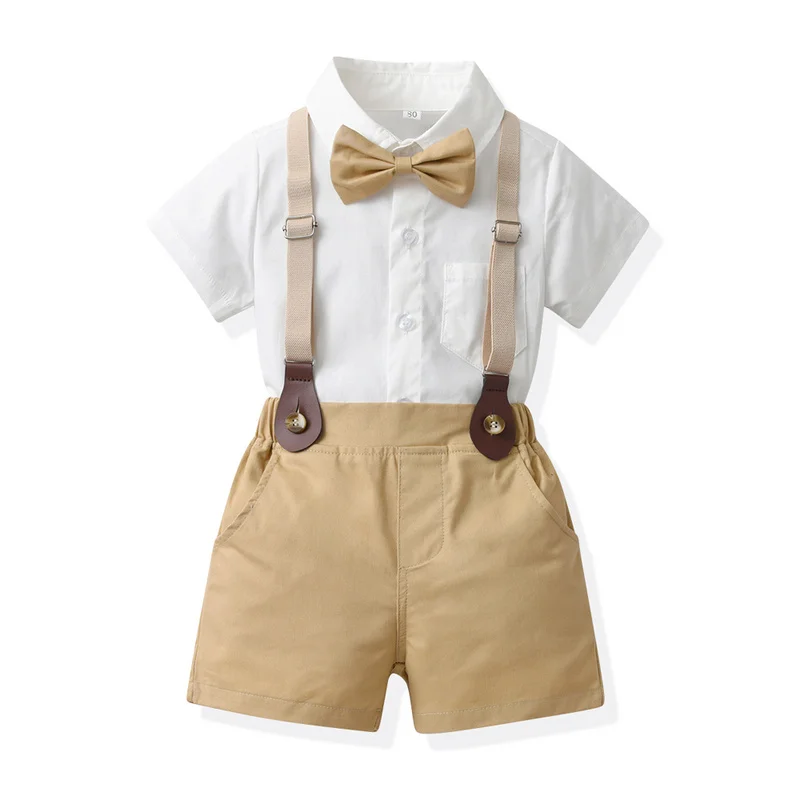 

Новый джентльменский комплект одежды для маленьких мальчиков, рубашка с коротким рукавом и бантом + шорты на бретелях, детская одежда для мальчиков, наряды