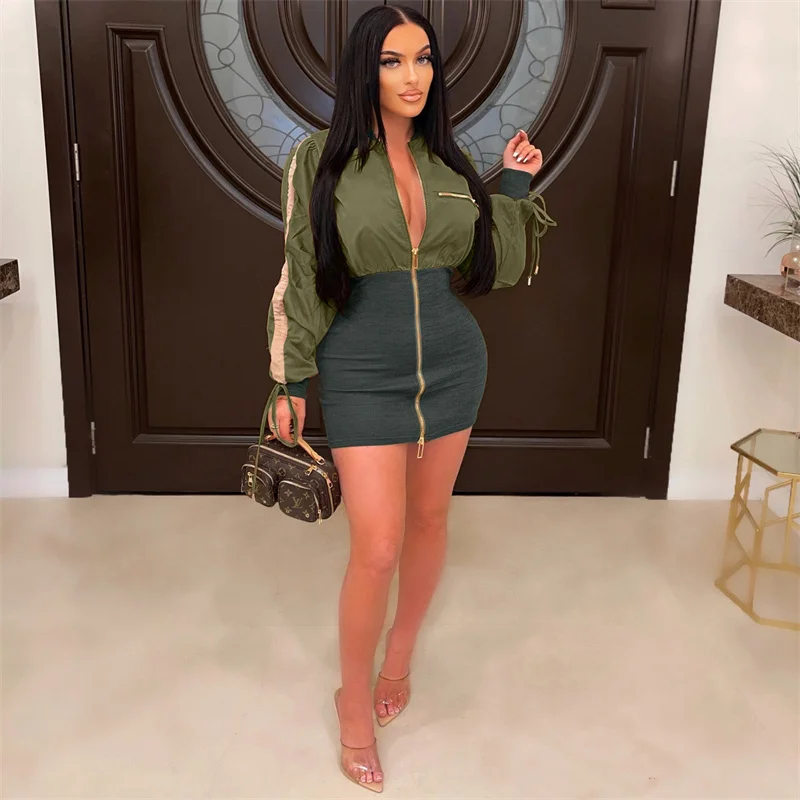 

Akaily Spring Bodycon Dresses For Women 2022 Long Sleeve Zipper Streetwear Dress Female Patchwork Khaki Red Party Mini Dresses