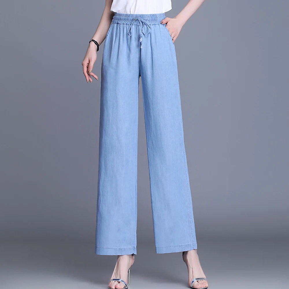 

Новые летние женские джинсы с завышенной талией, простые широкие брюки, женские повседневные модные тонкие и мягкие прямые джинсовые брюки