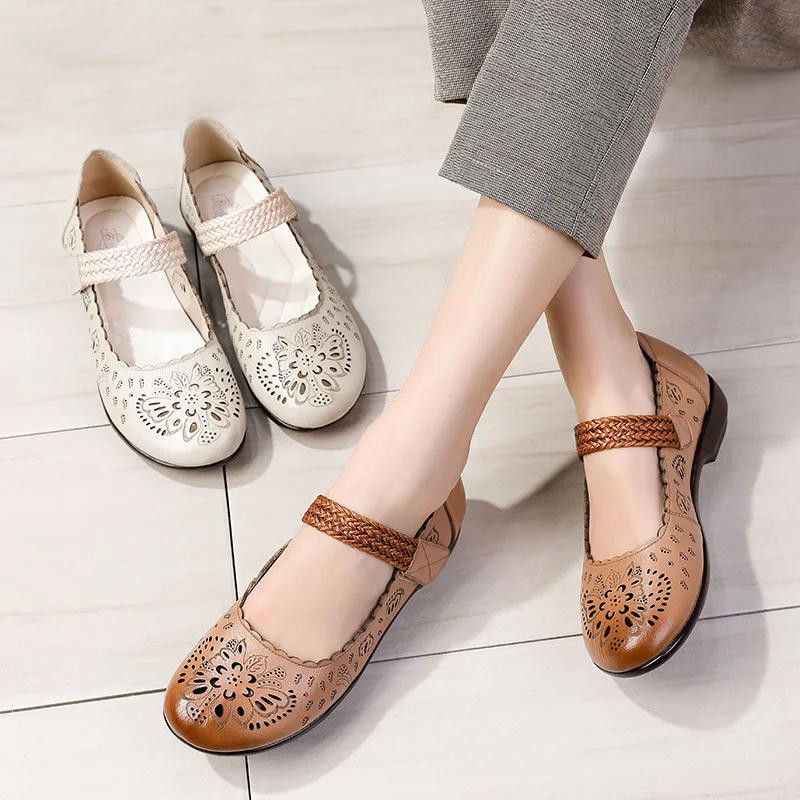 Xiuteng Original Genuine Leather Soft Women Flats Shoes Comfort Casual Mary Jane Shoes Pleated Handmade Leisure Ladies Sandals