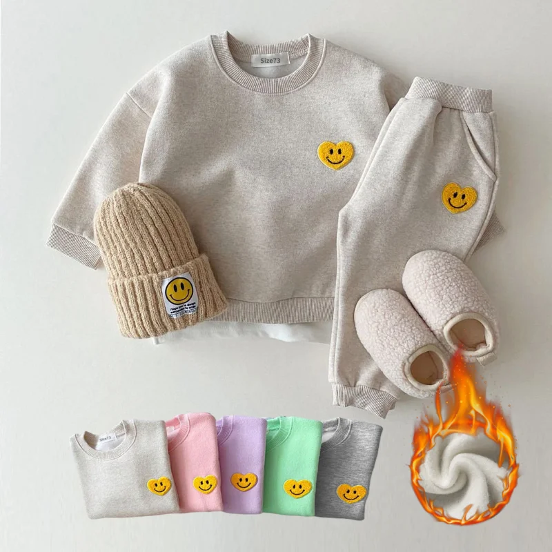 

Korea Baby Boys Clothing Sets Fleece Lined Clothes Children Thicken Sweater And Velvet Baby Girls Pullover Tops+ Pant Suits 2PCS