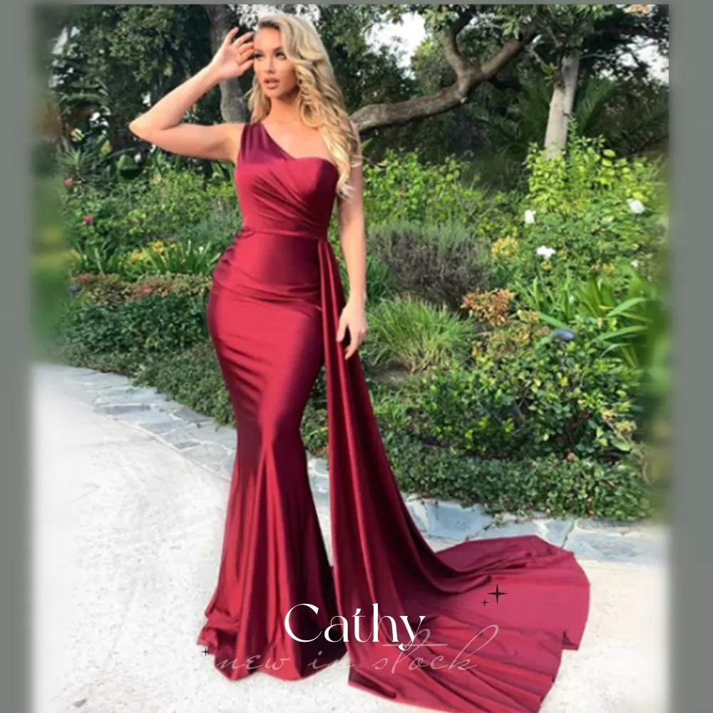 

Cathy Sexy One Shoulder Mermaid Evening Dresses Advanced Satin Tulle Sweep Train Vestidos De Fiesta Woman Formal Party Dresses