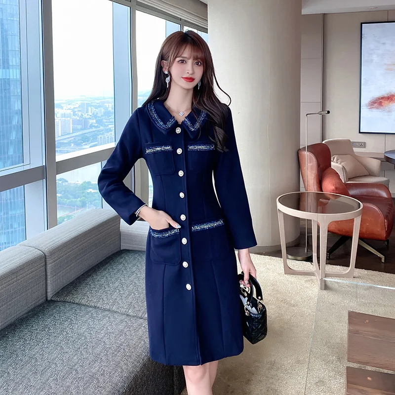 2022 Autumn Elegant Single-breasted Office Midi Dress Office Ladies Vintage Blue Bodycon Vestidos High End Women Woolen Dress