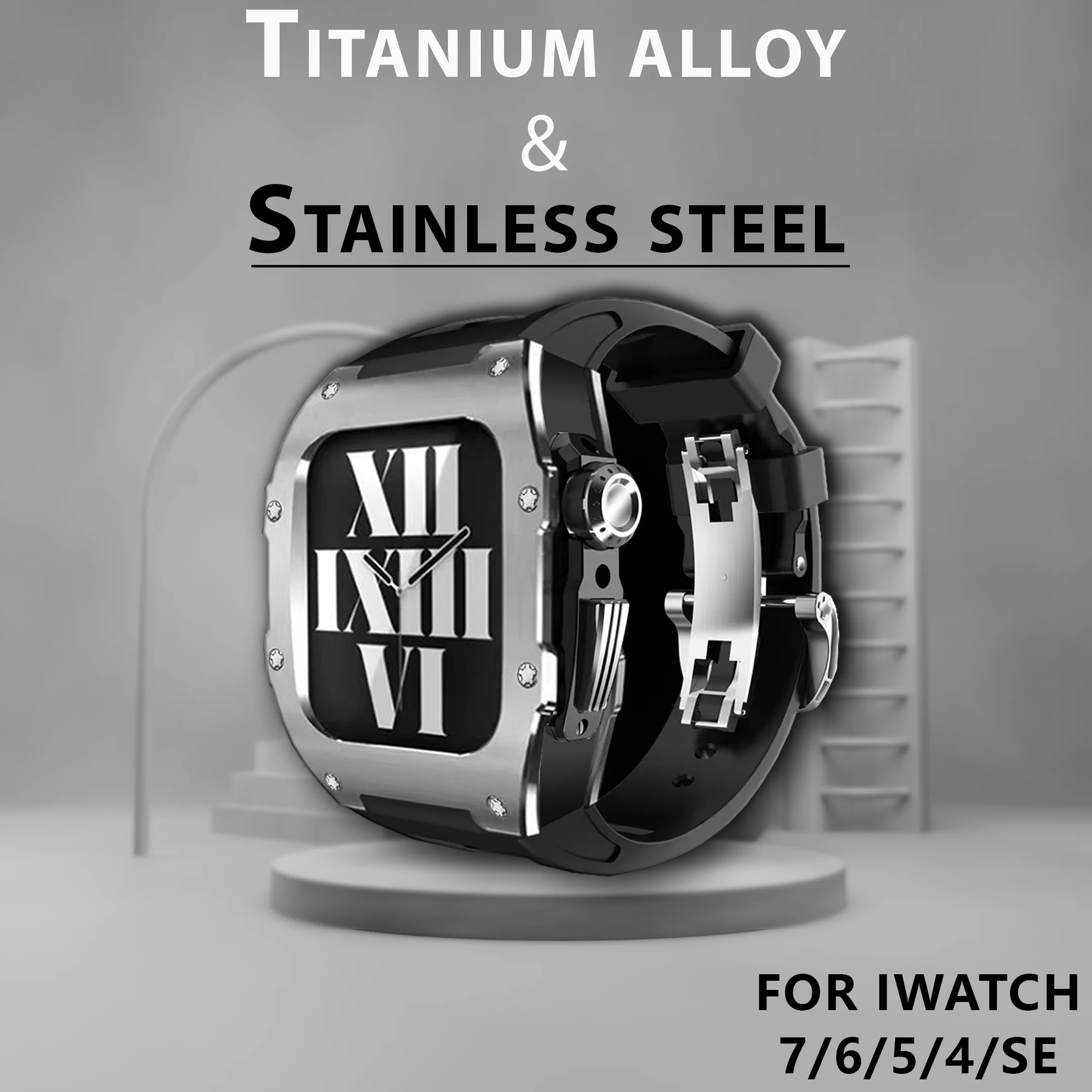 Stainless Steel Bezel Fluorine Rubber Strap for Apple Watch Series 7 6 5 4 Se Metal Frame for IWatch 44MM 45MM Diy Accessories