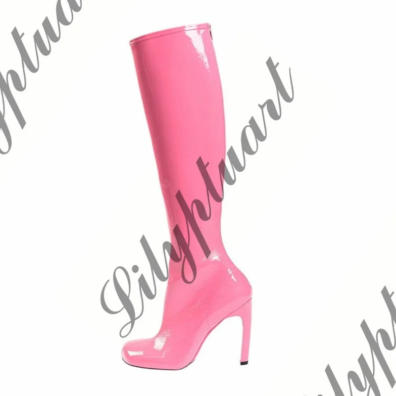 Autumn Women's Fashion Leopard Print Knee Boots PU Leather Lace Up High Heels Boots Square Toe Large Size 43 Knee High Boots