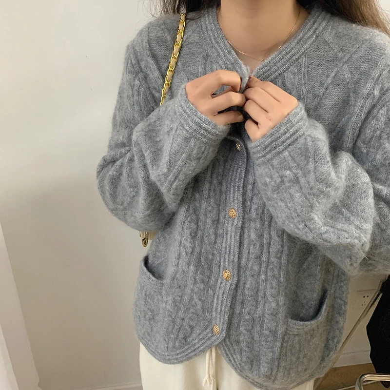 

Sweet Gray White Sweters Women Cardigan Spring Autumn Knitted Ribbed O-Neck Korean Elegant Single Breasted Casual Fashion Tops