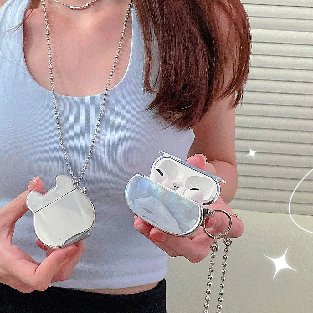 

Luxury Plating Cute Bear Necklace Lanyard Earphone Case For Apple AirPods 1 2 3 Pro Headphones Box Shockproof Coque For AirPod 2