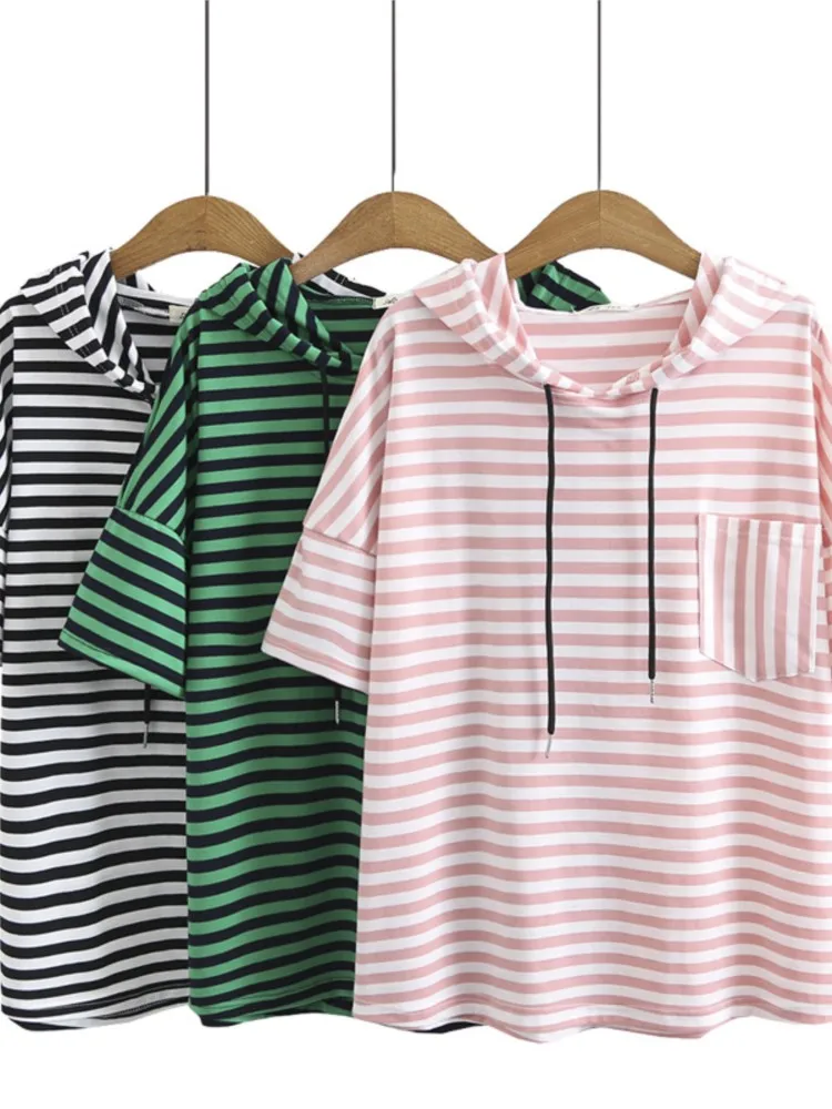 Футболка женская с капюшоном и карманами Модный повседневный топ в полоску