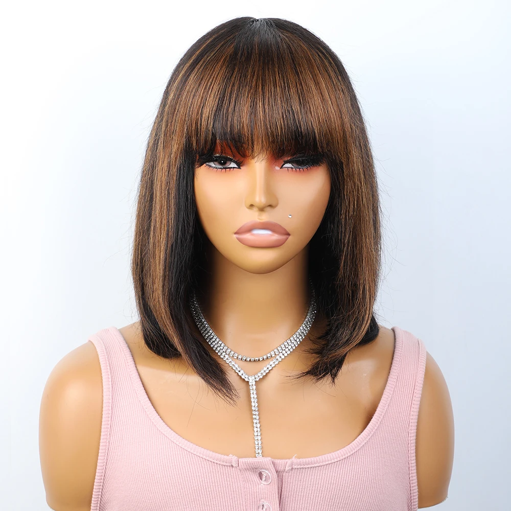 Фото Put On And Go Easy Wear Human Hair Bob Кружевные прямые парики с челкой Средняя часть Челка Парики Бразильские волосы Remy Парики Настоящая кожа головы №3