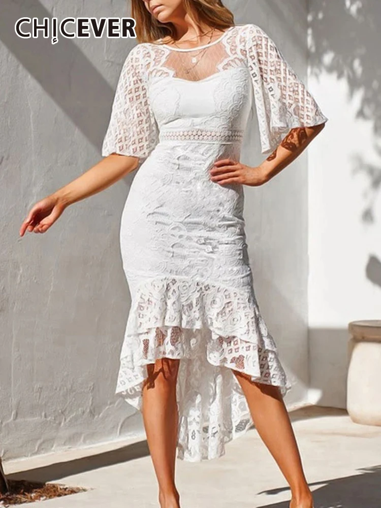

CHICEVER лоскутное прозрачное Сетчатое кружевное платье для женщин с круглым вырезом, Расклешенным рукавом, высокой талией, однотонная туника, тонкое платье миди для женщин
