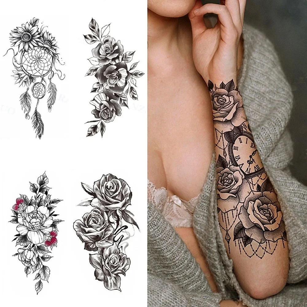 Реалистичная татуировка с черной розой для временной фотосессии