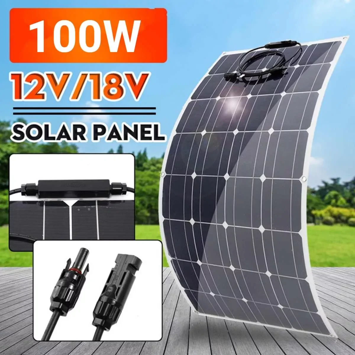 

NEW 100W 200W Monocrystalline Solar Panel 18V Solar Cell Bank Pack DIY Cable Outdoor Car RV Waterproof Rechargeable Power System