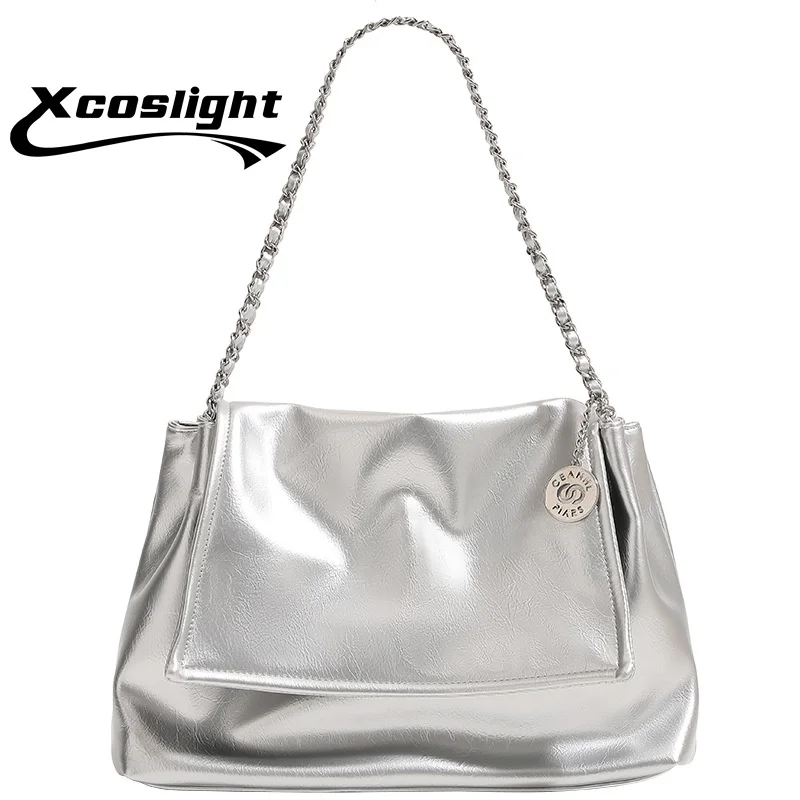 Серебристые Большие Портативные дизайнерские сумки на плечо с цепочкой мягкие