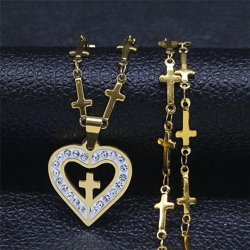 

Crystal Stainless Steel Heart Cross Chain Necklaces Women Gold Color Small Necklace Jewelry collier femme inoxidable XHLYB219S08
