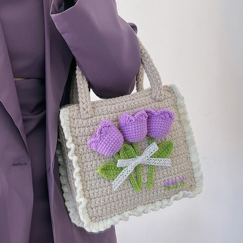 

Knitted Bag Purple Tulip Flower Tote Bag Basket Hand Knitting Bag Spring Outing Crochet Bag Girlfriend Gift Floral Bucket