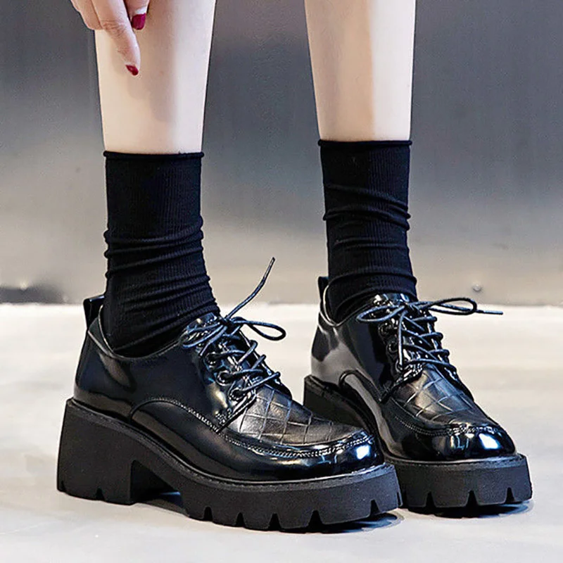 

Autumn Spring Women Oxford Shoes Diamond Plaid Lace Up Leather Shoes High Heels Casual Platform Shoes Black Zapatos Mujer