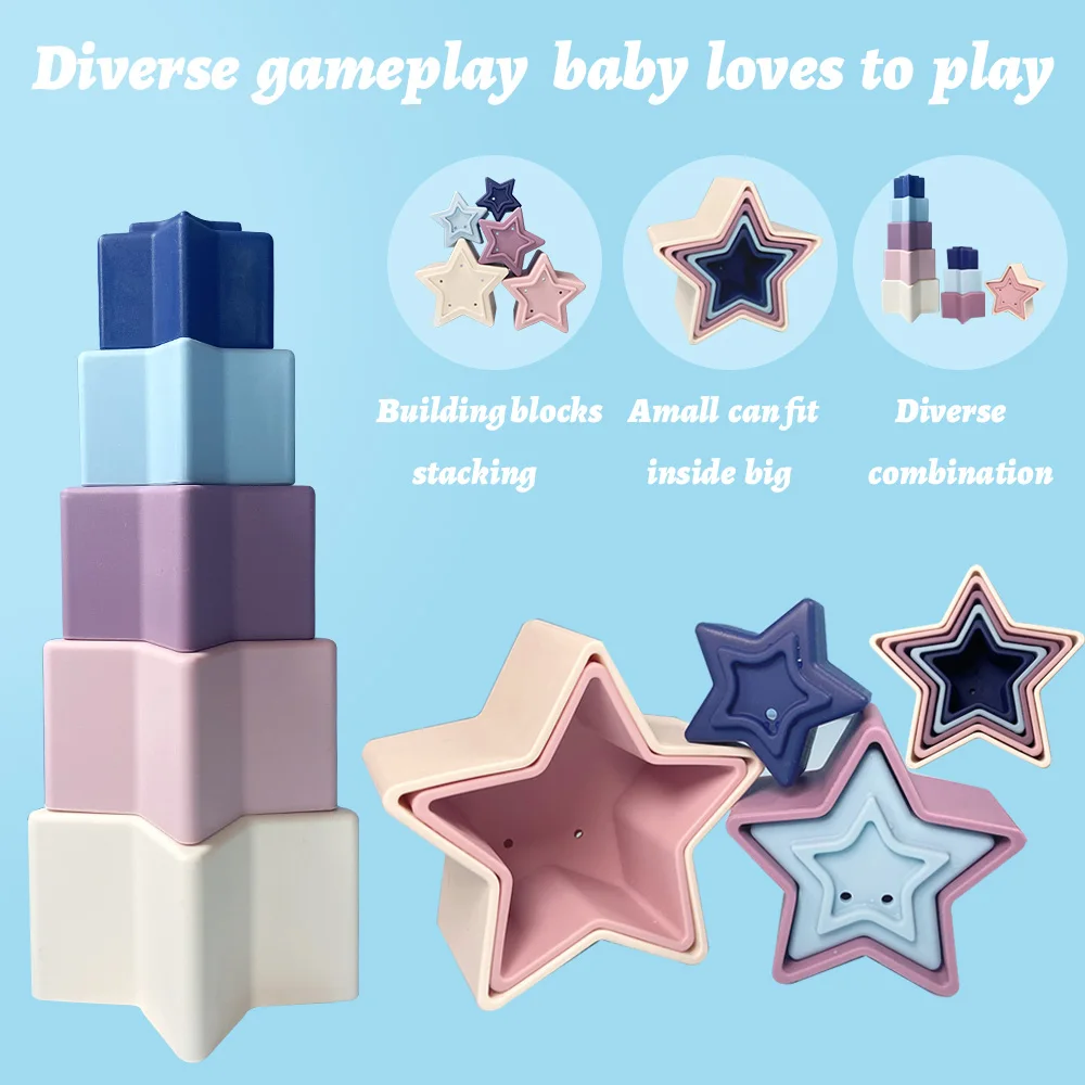 1Set Silicone Stacking Toys Baby Teether Soft Building Block Star Bath Early Educational Montessori Tower Newborn Gift Kids Toy - купить по