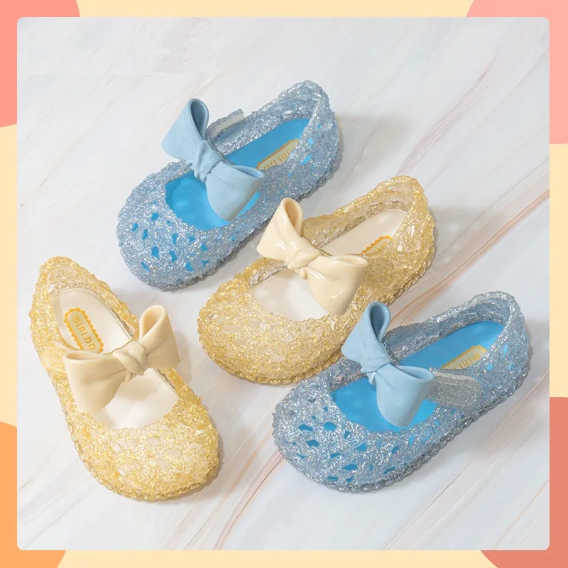 

Новинка 2022, сандалии-желе с бантом для девочек, блестящие туфли с перфорацией