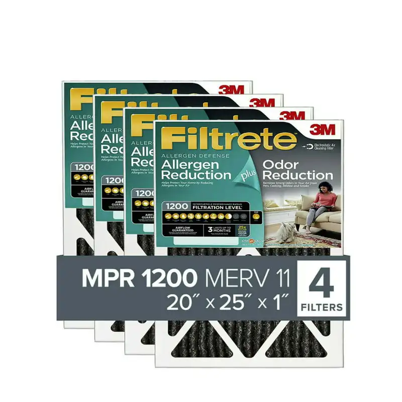 

3M 20x25x1, MERV 11, Allergen Plus Odor Reduction HVAC Furnace Air Filter, 1200 MPR, 4 Filters