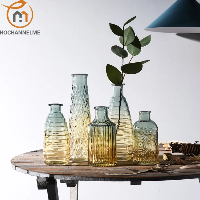 

European Hipster Embossed Transparent Glass Vase Living Room Flower Home Decoration Vases For Homes Flowers Wedding Decoration