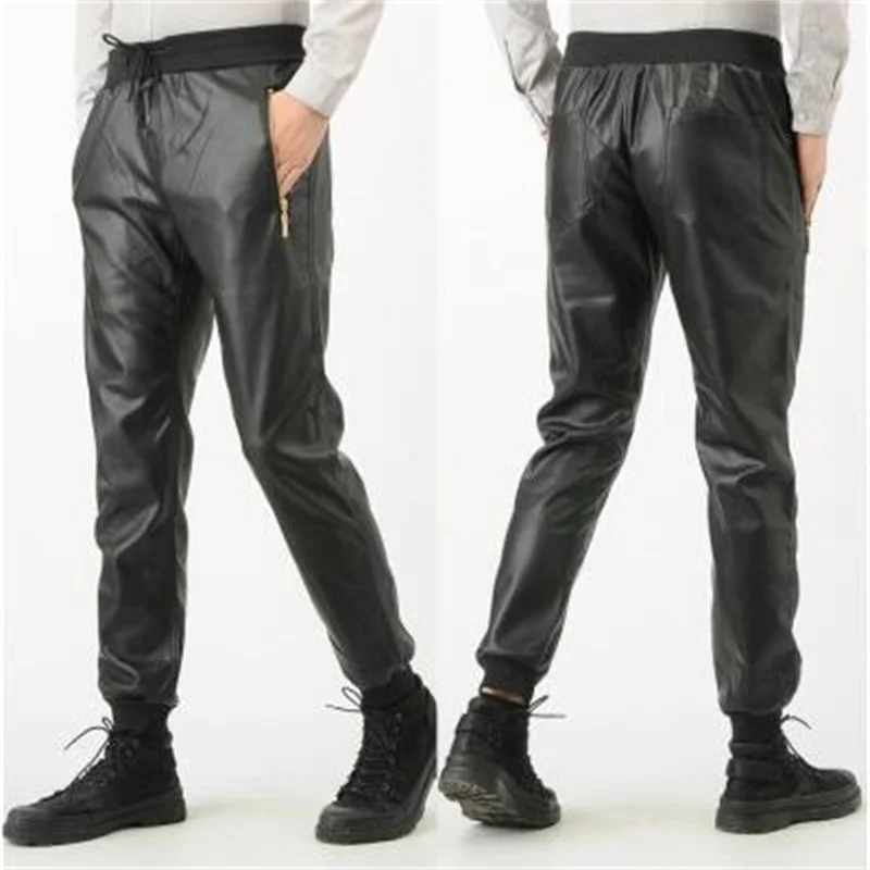 Autumn winter loose leather pants mens feet trousers fashion warm motorcycle pu Harem personality pantalon homme