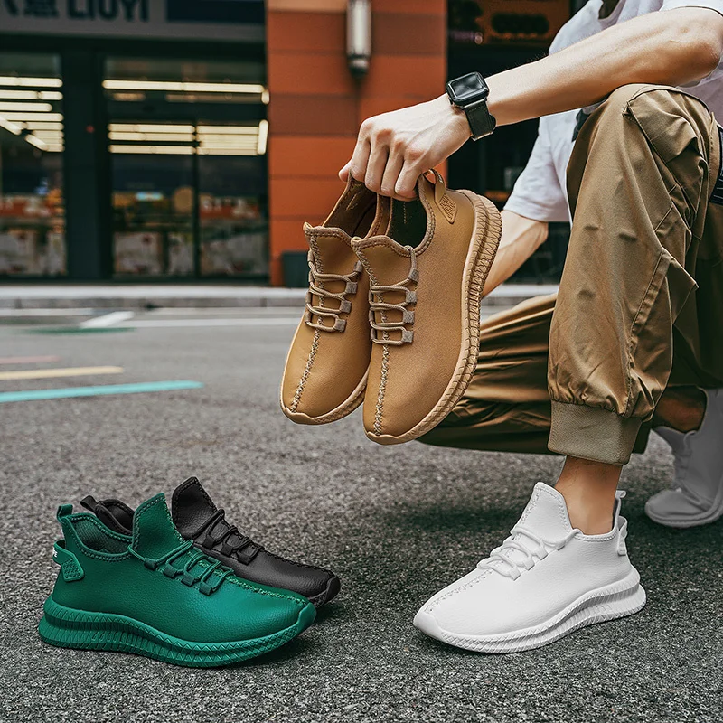 Зеленые кожаные кроссовки мужские дышащие для ходьбы и бега мужская спортивная