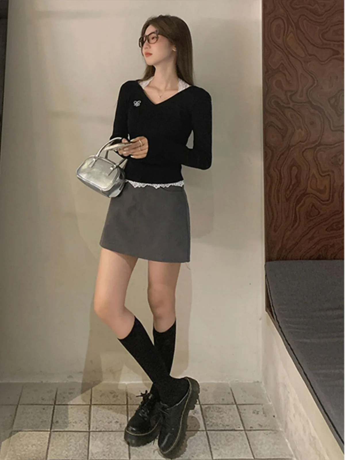 Plus Size Unique Beautiful Small Top Spring and Autumn Pure Desire Lace Hanging Neck Fake Two Pieces Long sleeve Black Waist ...