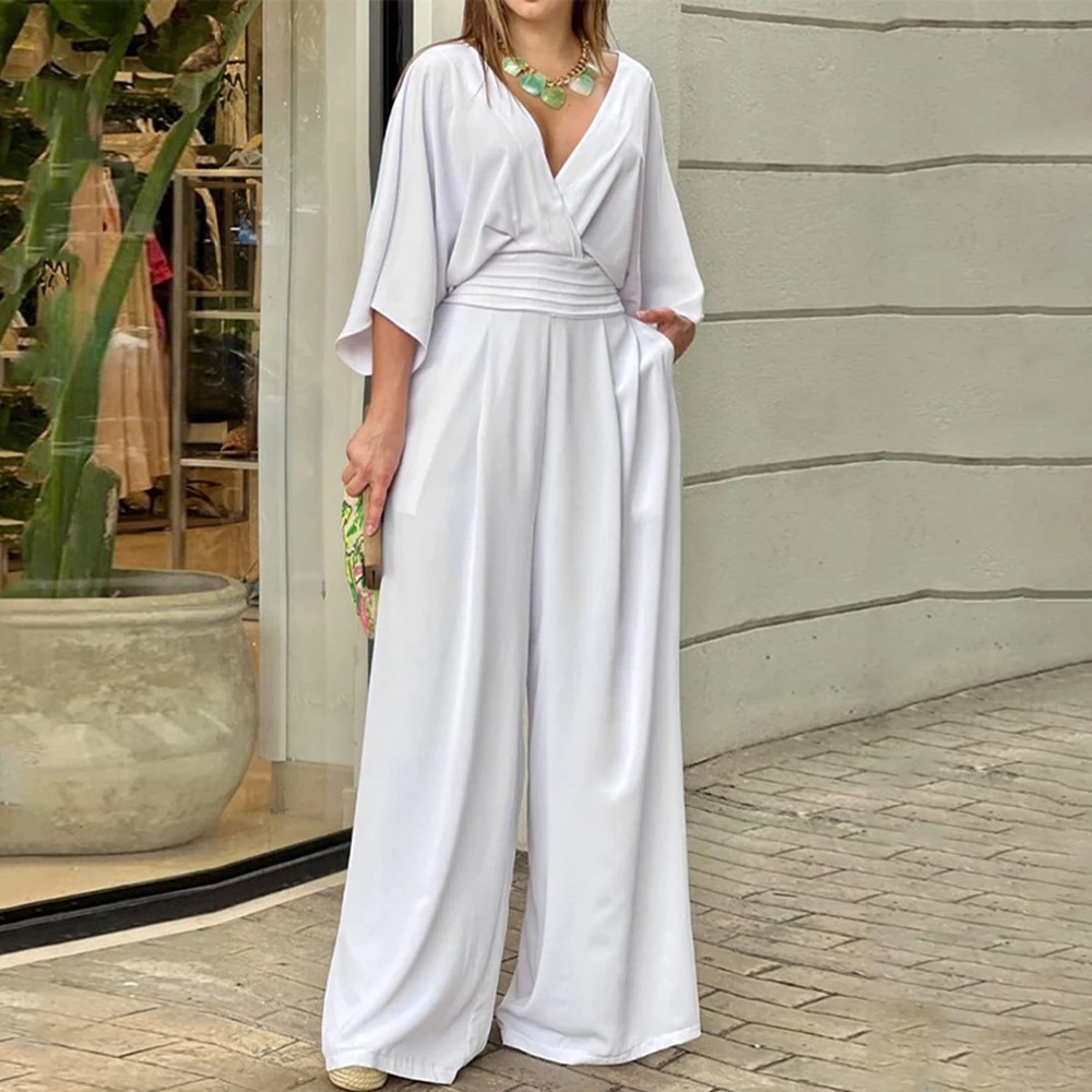 European And American Spring New Women's Fashion Bat Sleeve V-Neck Backless Loose Solid Color Wide Leg One Piece Pants Female