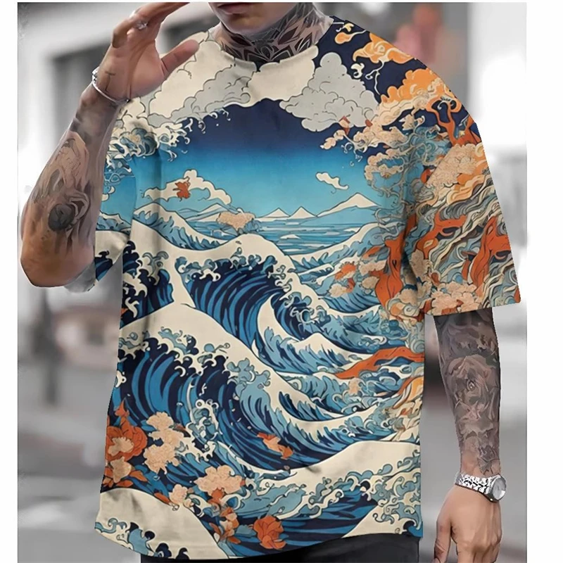 Фото Мужская футболка в японском стиле Ukiyo E Графическая одежда Футболки с короткими рукавами и круглым вырезом Уличная одежда Крутая футболка с 3D принтом Fuji №1