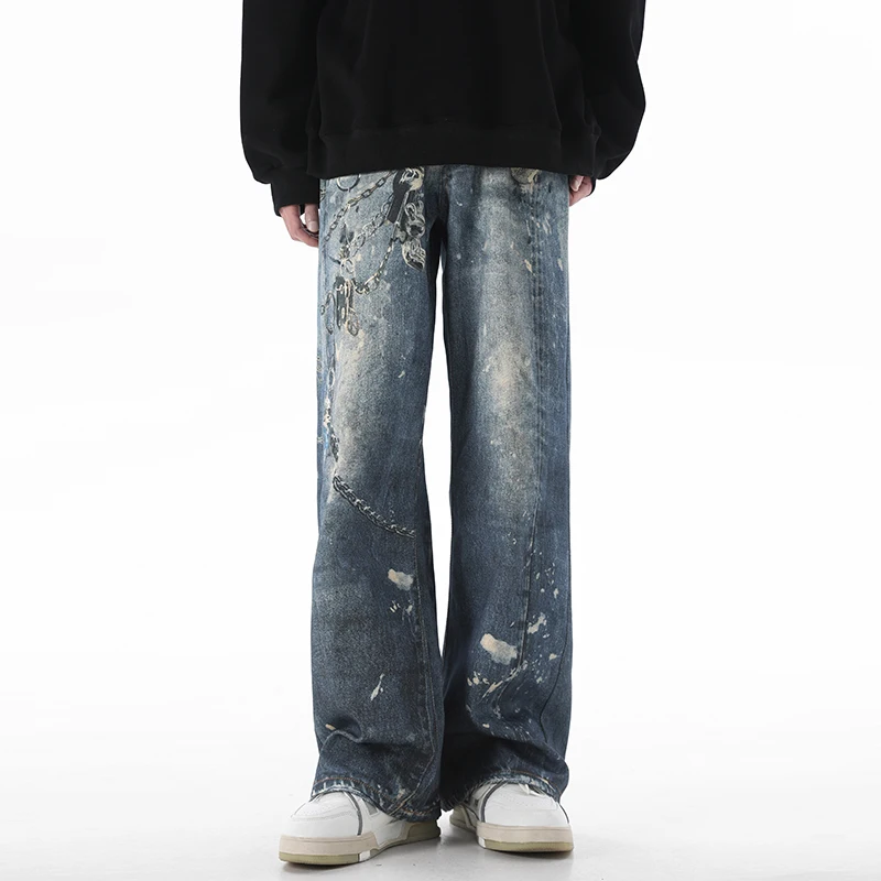Джинсы мужские с цифровым принтом уличная одежда плотные свободные прямые