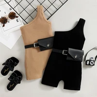 kids clothes girls jumpsuits summer fashion solid one shoulder knitted playsuit with belt for babies cotton childrens clothing