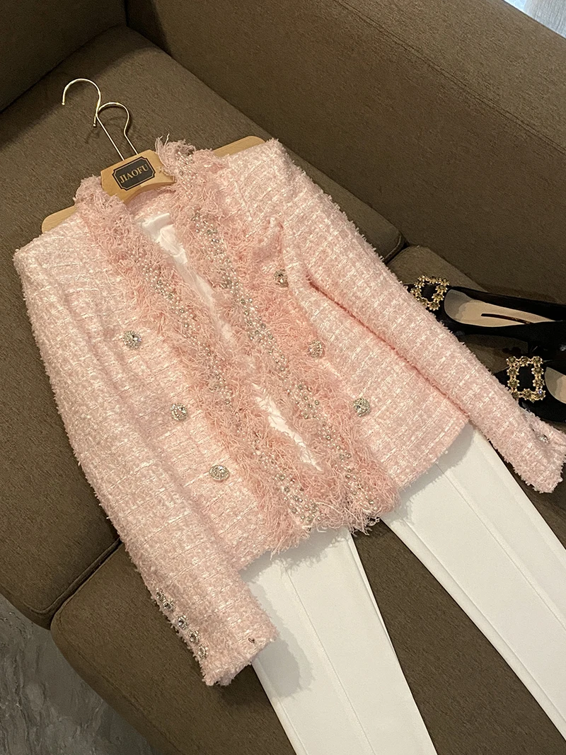 

Hot Sale Sweet Pink Tweed Outwear Lady Winter Coat Delicacy Beads Rhinestone Buttons Women Short Jacket