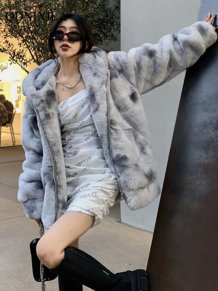 Women's Fur Coat Faux Fur Coat Lambswool Jackets Thickened Plush Rabbit Fur The Tie-dyed Hooded Fur Coat Women Jacket