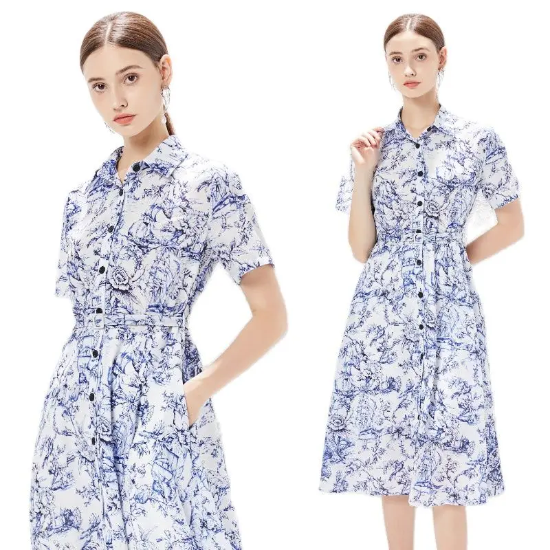 

Платье-рубашка средней длины на пуговицах, с отложным воротником и коротким рукавом, 2023