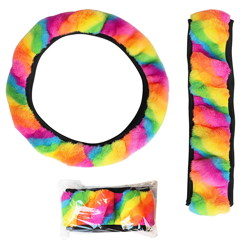 Car Steering Wheel Cover 38CM Universal Seven Colors Rainbow Plush Soft Fluffy Warm Styling Ladies Auto Accessories Interior images - 6