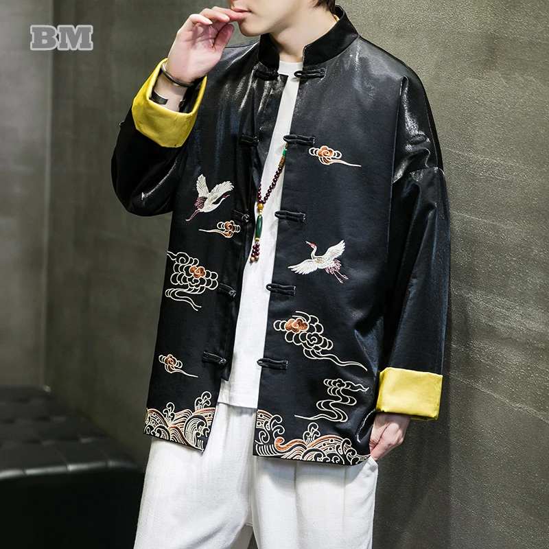 

Chinese Traditional Dress Crane Embroidery Ice Silk Tang Suit Tai Chi Kung Fu Hanfu Summer Plus Size Long Sleeve Jacket Men